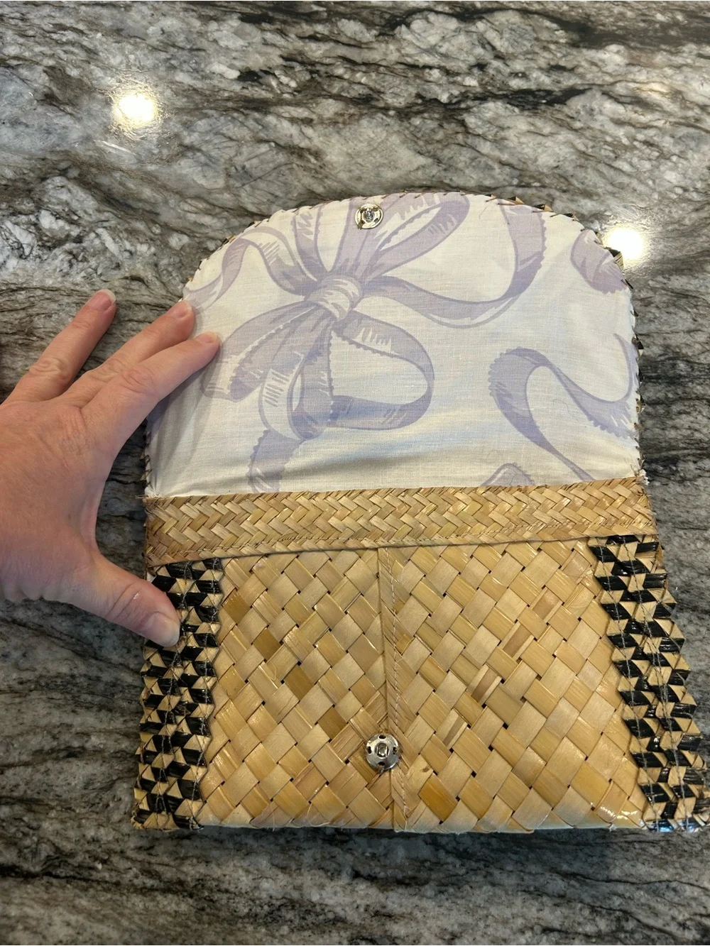 Handwoven Straw Clutch with Black Trim